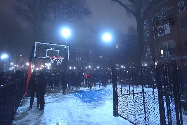 Night, Winter, Recreation, Midnight, Electricity, Basketball court, Sports venue, Street light