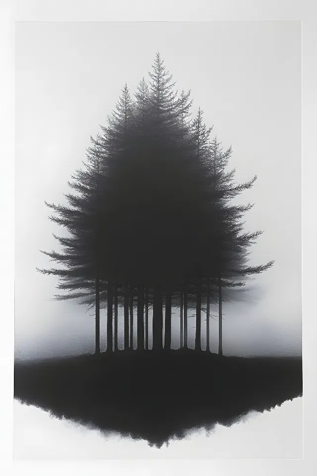 Monochrome photography, atmospheric phenomenon, Black and white, Woody plant, Trunk, Monochrome, Conifers, Fog, Silhouette, Evergreen, Mist, Pine family, Wind, Pine, Fir, Cupressaceae