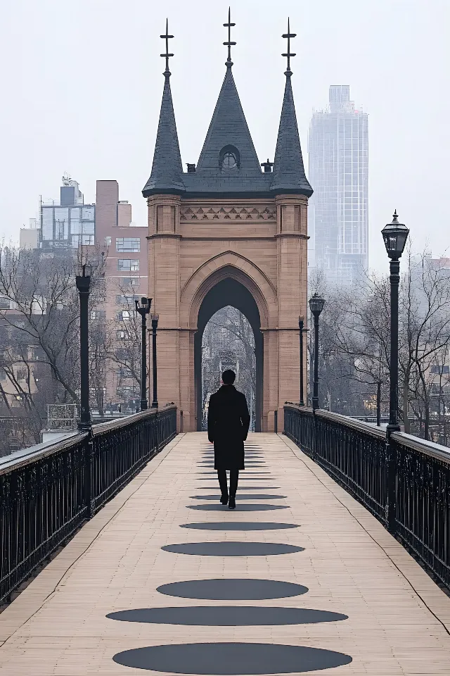 Bridge, Walkway, List of nonbuilding structure types, Spire, Evening, Steeple, Walking, Turret, Fence, Bridge–tunnel, Handrail, Shadow