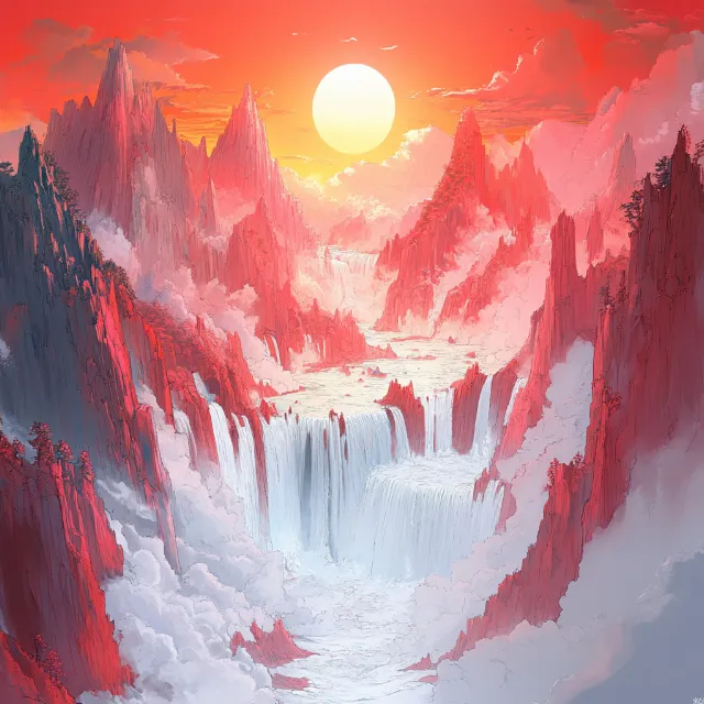 Red, geological phenomenon, Orange, Winter, Sunrise, Red sky at morning, Glacial landform, Glacier, Ice, Watercolor painting, Afterglow, Ice cap, Snow, Graphics, Sunset, Meteorological phenomenon, Acrylic paint, Dawn, Freezing, Summit