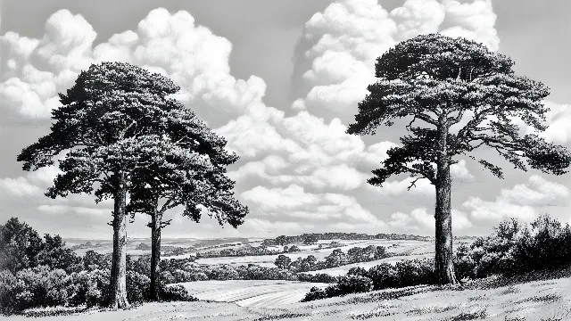 Monochrome photography, Black and white, Woody plant, Monochrome, Meteorological phenomenon, Conifers, Wind