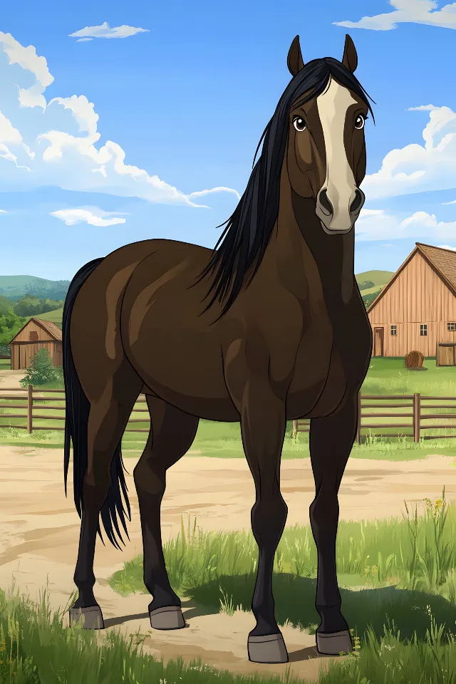 Horse, Working animal, Mustang, Pasture, Meadow, Mare, Mane, Animation, Stallion, Ranch, Livestock, Animated cartoon, Sorrel, Pack animal