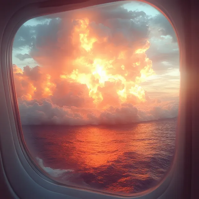 Cloud, Orange, Dusk, Sunrise, Sunset, Sunlight, Air travel, Sun, Afterglow, Meteorological phenomenon, Evening, Heat, Astronomical object, Dawn, Cumulus, Reflection, Aviation, Airline, Red sky at morning, Lens flare