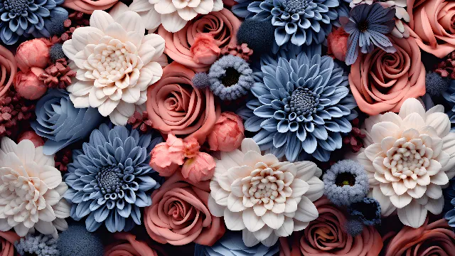 Flower, Photograph, Petal, White, Azure, Blue, Botany, Pink, Creative arts, Aqua, Art, Flowering plant, Pattern, Flower Arranging, Symmetry, Beauty, Electric blue, Floral design, Cut flowers, Peach