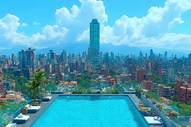 Daytime, Skyscraper, Urban area, City, Swimming pool, Metropolitan area, High-rise building, Town, Cloud, Metropolis, Apartment, Condominium, Cityscape, Human settlement, Composite material, Urban design, Tower, Skyline, Commercial building, Mixed-use