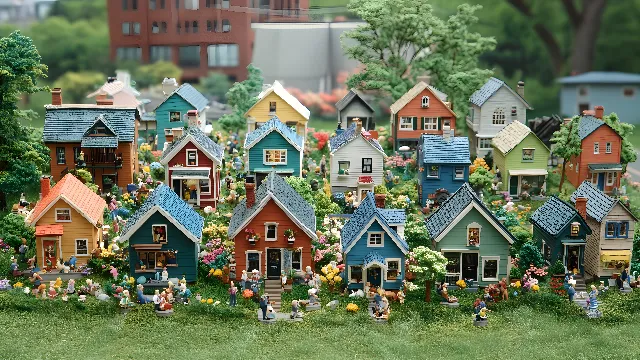 Building, Property, Window, Plant, Tree, House, Grass, Dollhouse, Urban design, Residential area, Real estate, Cottage, Roof, Lawn, City, Event, Facade, Pole, Recreation, Wood