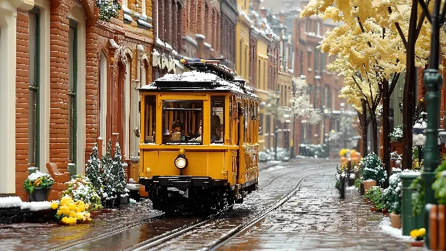 Train, Plant, Building, Window, Vehicle, Rolling stock, Infrastructure, Yellow, Mode of transport, Tree, Track, Railway, Electricity, Neighbourhood, Rolling, Railroad car, Public space, Landmark, Locomotive, Public transport