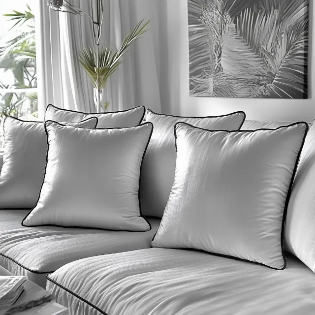 Cushion, White, Throw pillow, Textile, Pillow, Linens, Furniture, Grey, Silver, Living room, Couch, Silk, Daybed, Design, Bed sheet, Bedding, Satin, Vase, Slipcover, Velvet