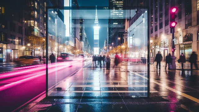 Building, Automotive lighting, Light, Road surface, Purple, Sky, Thoroughfare, Pink, Street light, Sidewalk, Road, Electricity, Cityscape, Landmark, Tints and shades, Tower block, City, Magenta, Metropolis, Mixed-use