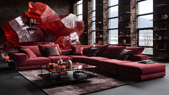 Couch, Table, Furniture, Interior design, Lighting, studio couch, Orange, Wood, Living room, Flooring, Material property, Pillow, Coffee table, Comfort, Sofa bed, Magenta, Art, Window, Room, Hardwood