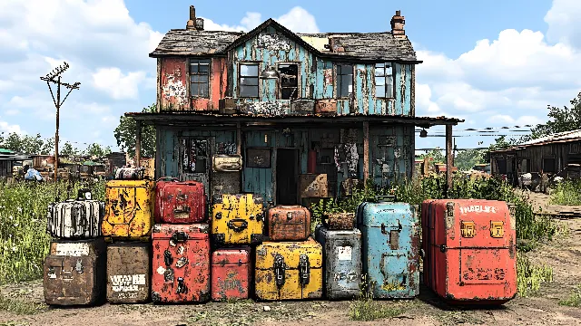 Cloud, Sky, Plant, Window, Rural area, Asphalt, Gas, Door, Road, Wood, Art, Facade, Road surface, Handwriting, City, Tree, Landscape, Graffiti, Waste container, House