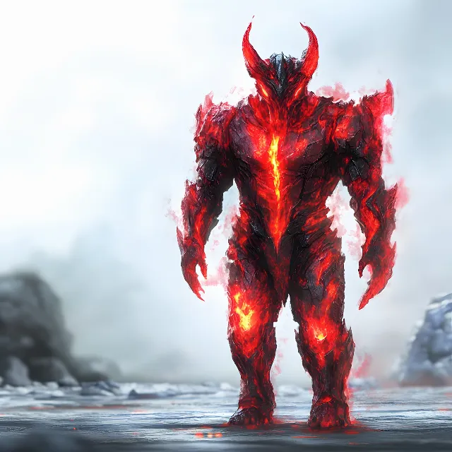 Red, Fictional character, CG artwork, Animation, Fire, Graphics, Supernatural creature, Heat, Volcanic landform, Flame, Lava, Demon