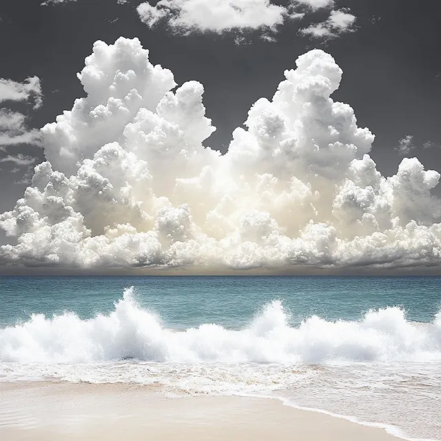 Cloud, Sky, Blue, Daytime, Body of water, Cumulus, Fluid, Sea, Horizon, Wave, Liquid, Wind wave, Ocean, Meteorological phenomenon, Coastal and oceanic landforms, Sunlight, Wind, Beach, Tropics, Coast