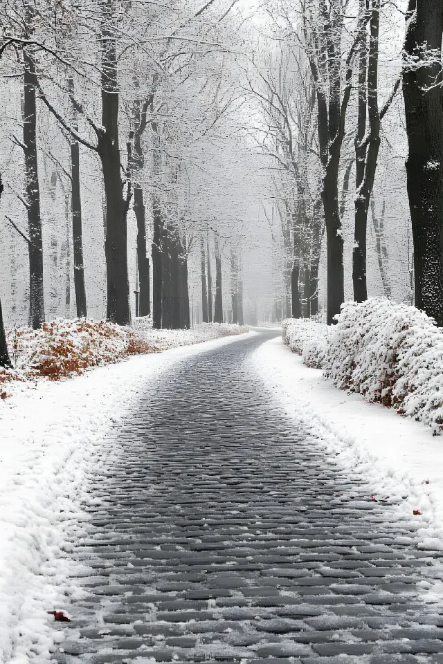 Snow, Winter, White, Branch, Freezing, Frost, Twig, Precipitation, Monochrome, Trail, Winter storm, Woodland, Walkway, Rain and snow mixed, Ice, Path, Cobblestone