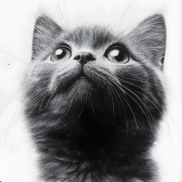 Cat, Whiskers, White, Felidae, Felinae, Monochrome photography, Vertebrate, Facial expression, Snout, Carnivores, Black, Fur, Iris, Black and white, Monochrome, Grey, Kitten, Sketch, Domestic short-haired cat