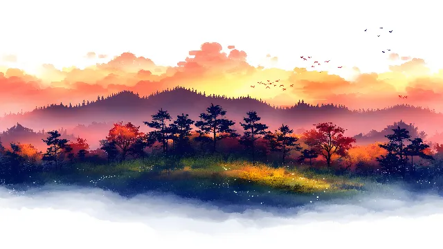 Nature, Natural landscape, Cloud, Orange, atmospheric phenomenon, Sunrise, Afterglow, Morning, Sunset, Forest, Evening, Dusk, Red sky at morning, Watercolor painting, Dawn, Meteorological phenomenon, Valley, Winter, Art Paint, Mist