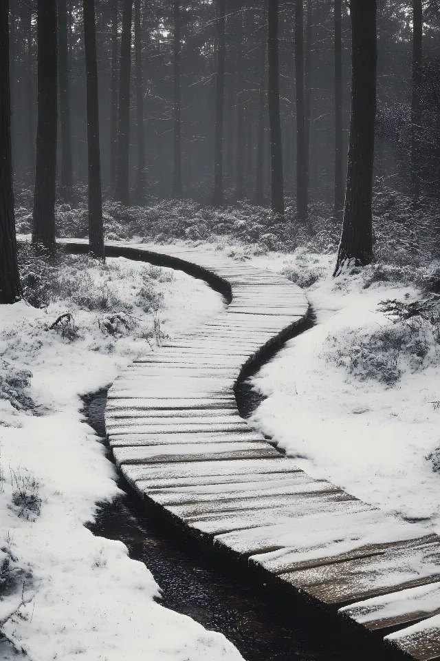 Wood, White, Monochrome photography, Winter, Forest, atmospheric phenomenon, Snow, Trail, Spruce-fir forests, Woodland, Monochrome, Trunk, Black and white, Walkway, Freezing, Boardwalk, Grey, Precipitation, Frost, Northern hardwood forest