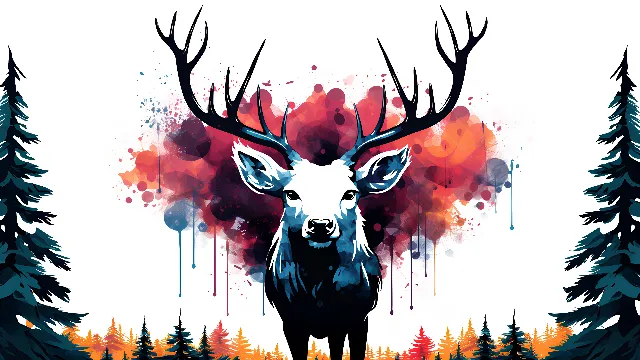 Natural material, Organism, Red, Art, Horn, Terrestrial animal, Snout, Tree, Elk, Font, Natural landscape, Wildlife, Graphics, Symmetry, Landscape, Visual arts, Graphic design, Painting