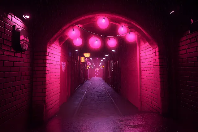 Photograph, Red, Lighting, Electricity, Night, Light fixture, Darkness, Visual Effect Lighting, Neon, Symmetry, Electrical Supply, Alley, Subway