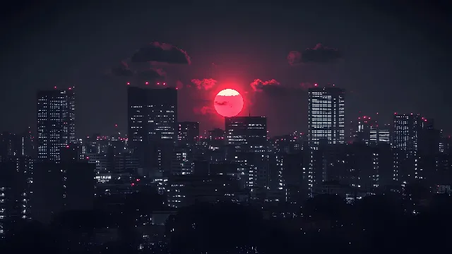 Red, City, Urban area, Metropolitan area, High-rise building, Night, atmospheric phenomenon, Metropolis, Skyscraper, Astronomical object, Moon, Cityscape, Dusk, Midnight, Darkness, Tower, Commercial building, Skyline, Evening, Condominium