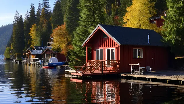 Water, Building, Sky, Plant, Nature, Tree, Window, House, Lake, Vehicle, Body of water, Cottage, Natural landscape, Bank, Wood, Leisure, Landscape, Real estate, Waterway, Water transportation