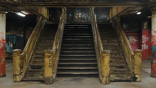 Stairs, Column, Paint, Steel, Basement, Handrail, Graffiti