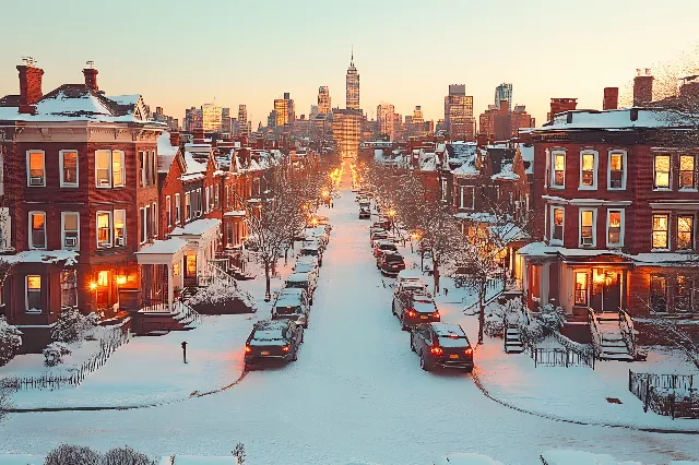 Urban area, City, Winter, Neighbourhood, Metropolitan area, Snow, Freezing, Metropolis, Tower, Mixed-use, Skyscraper, High-rise building, Skyline, Cityscape, Street light, Evening, Precipitation, Spire, City car