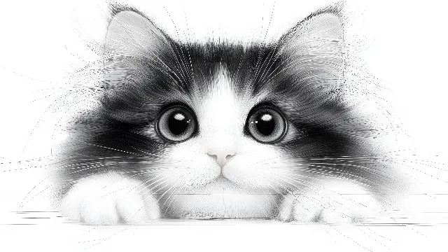 White, Cat, Vertebrate, Facial expression, Felidae, Snout, Felinae, Carnivores, Whiskers, Black and white, Fur, Kitten, Graphics, Line art, Animation