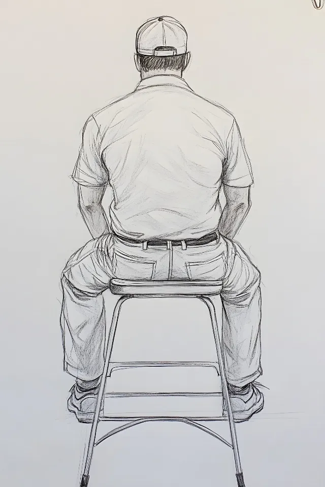 White, Leg, Drawing, Knee, Elbow, Sitting, Sketch, Illustration, Figure drawing, Line art, Design, Chair, Armrest, Foot