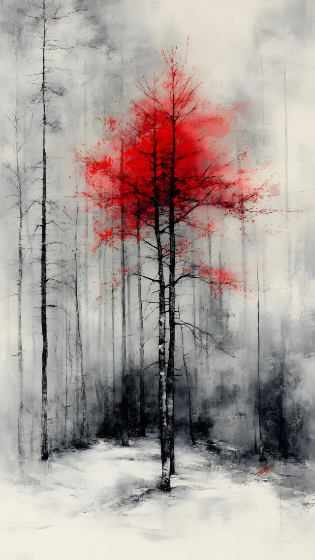 Red, Winter, Twig, Art Paint, Paint, Watercolor painting, Precipitation, Snow, Freezing, Modern art, Conifers, Acrylic paint, Pine family