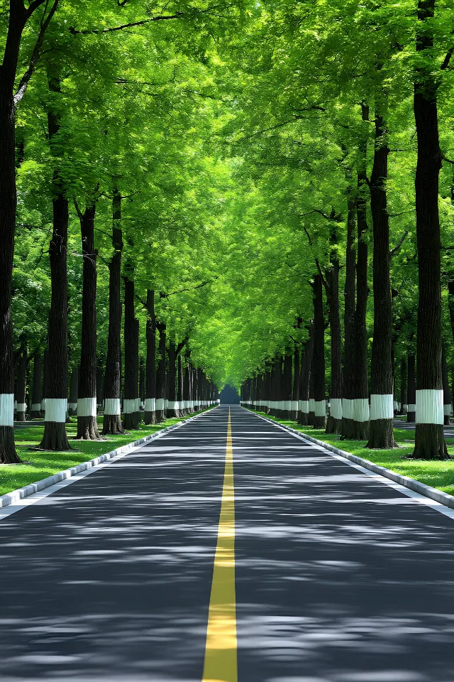 Leaf, Thoroughfare, Trunk, Lane, Tar, Symmetry, Woodland, Grove, Shadow, Walkway, Path, Highway