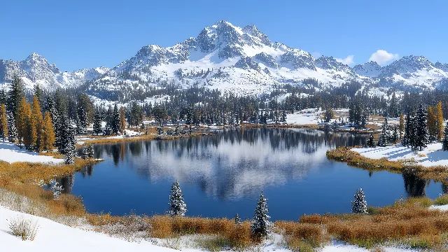 Water, Sky, Mountain, Snow, Plant, Natural landscape, Azure, Nature, Natural environment, Larch, Body of water, Tree, Lake, Biome, Freezing, Landscape, Morning, Bank, Woody plant, Glacial landform