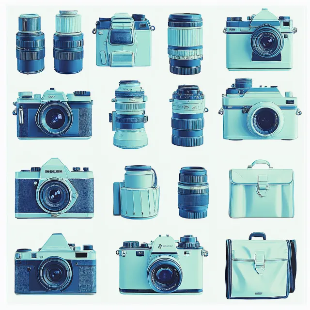 Cameras & optics, Camera, Digital camera, Reflex camera, Lens, Camera lens, Single-lens reflex camera, Mirrorless interchangeable-lens camera, Point-and-shoot camera, Gadget, Machine, Plastic, Silver, Optical instrument, Flash, Teleconverter, Digital SLR, Still life photography