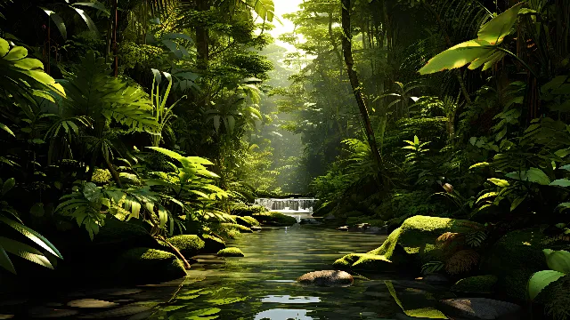 Water, Plant, Plant community, Green, Nature, Leaf, Natural environment, Botany, Natural landscape, Terrestrial plant, Tree, Vegetation, Sunlight, Organism, Fluvial landforms of streams, Body of water, Biome, Watercourse, Arecales, People in nature