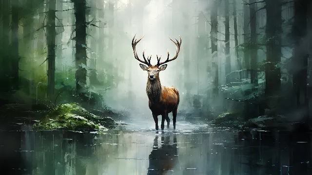 Water, Elk, Plant, Deer, Natural landscape, Organism, Barren ground Caribou, Atmospheric phenomenon, Fawn, Art, Tree, Horn, Terrestrial plant, Reindeer, Forest, Terrestrial animal, Snout, Landscape, Wildlife, Mist