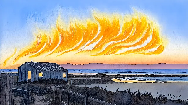 Orange, Evening, Sunset, Red sky at morning, Coast, Paint, Art Paint, Dusk, Dawn, Sunrise, Afterglow, Watercolor painting, Wind