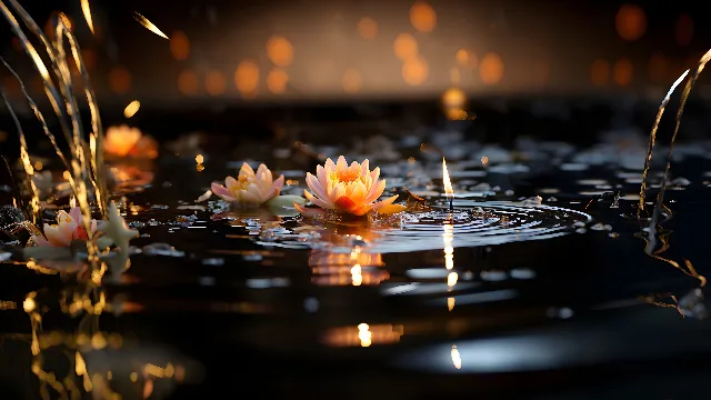 Water, Flower, Plant, Liquid, Sky, Light, Fluid, Orange, Petal, Body of water, Flash photography, Gas, Lake, Sacred lotus, Heat, Calm, Reflection, Darkness, Close-up, Aquatic plant