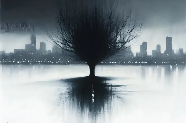 Water, Monochrome photography, Reflection, Liquid, Black, Black and white, Monochrome, atmospheric phenomenon, Darkness, Lake, River, Tower, Skyline, High-rise building, Cityscape, Evening, Skyscraper, Night, Reservoir, Meteorological phenomenon