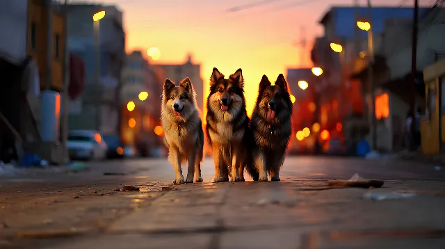 Sky, Dog, Atmosphere, Cloud, Light, Dog breed, Carnivore, Plant, Dusk, Sunlight, Orange, Road surface, Building, Flash photography, Tree, Morning, Sunset, Road, Companion dog, Snout