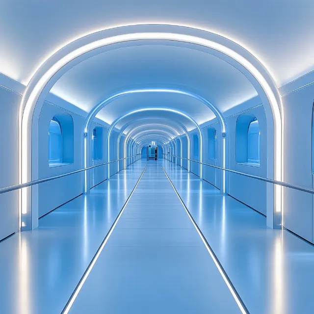 Building, Architecture, Symmetry, Tunnel, Parallel, Ceiling, Electric blue, Space, Road, Flooring, Arch, Fluorescent lamp, Rectangle, Subway, Circle, Pattern, Art, Room, Electricity, Daylighting