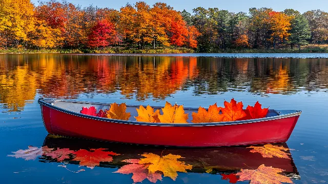 Water, Boat, Vehicle, Daytime, Watercraft, Flower, Boats and boating--Equipment and supplies, Nature, Leaf, Sky, Tree, Natural landscape, Lake, Body of water, Plant, Red, Morning, Landscape, Reflection, Calm