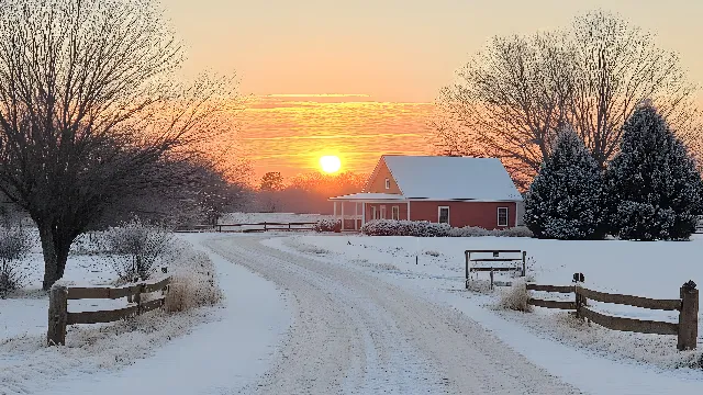 Winter, Snow, Branch, Landscape, Freezing, Twig, Sunrise, Home, Rural area, Dusk, Sunset, Cottage, Morning, Evening, Sunlight, Slope, Red sky at morning, Frost, Fence, Sun