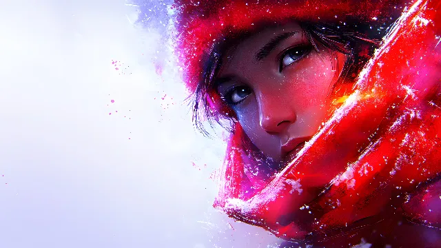 Lips, Red, Fictional character, CG artwork, Animation, Winter, Graphics, Portrait photography, Hood, Red hair