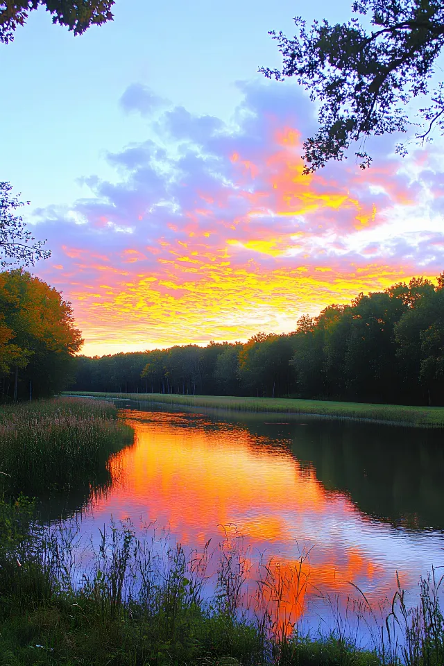 Sky, Water, Blue, Water resources, Nature, Body of water, Green, Tree, Natural landscape, Natural environment, Watercourse, Sunset, Horizon, Waterway, Dusk, Afterglow, Reflection, Bank, Landscape, Cloud