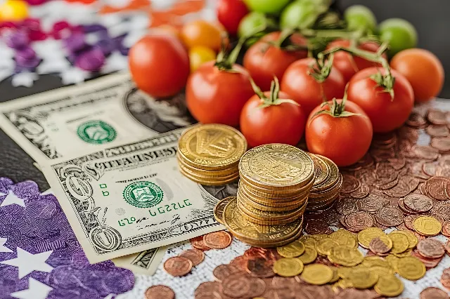 Currency, Money, Cash, Natural foods, Produce, Banknote, Money Handling, Vegetable, Food, Fruit, Saving, Tomato, Food group, Dollar, Coin, Bush tomato, Nightshade, Stock photography, Staple food, Superfood