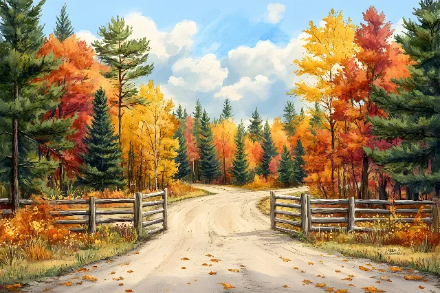 Natural landscape, Watercolor painting, Painting, Woody plant, Forest, Autumn, Art Paint, Paint, Woodland, Acrylic paint, Modern art, Larch, Northern hardwood forest, Conifers, Temperate broadleaf and mixed forest, Grove, Path, Pine family, Split-rail fence