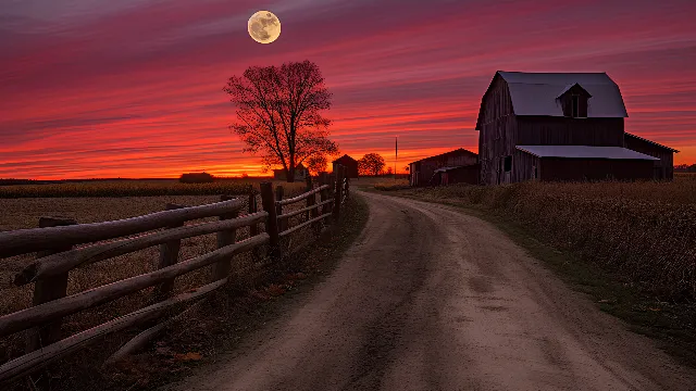 Cloud, Sky, Atmosphere, Building, Plant, Natural landscape, Afterglow, Road surface, Tree, Orange, Asphalt, Dusk, Wood, Sunlight, Atmospheric phenomenon, Red sky at morning, Sunrise, Sunset, Grass, House