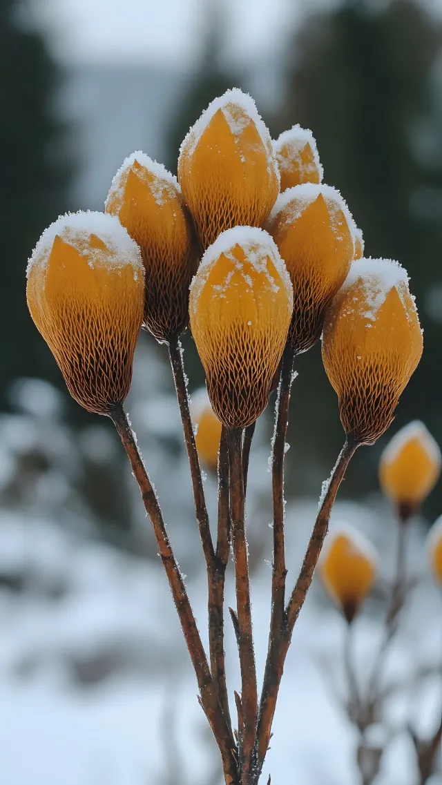 Yellow, Winter, Plant stem, Snow, Frost, Macro photography, Freezing