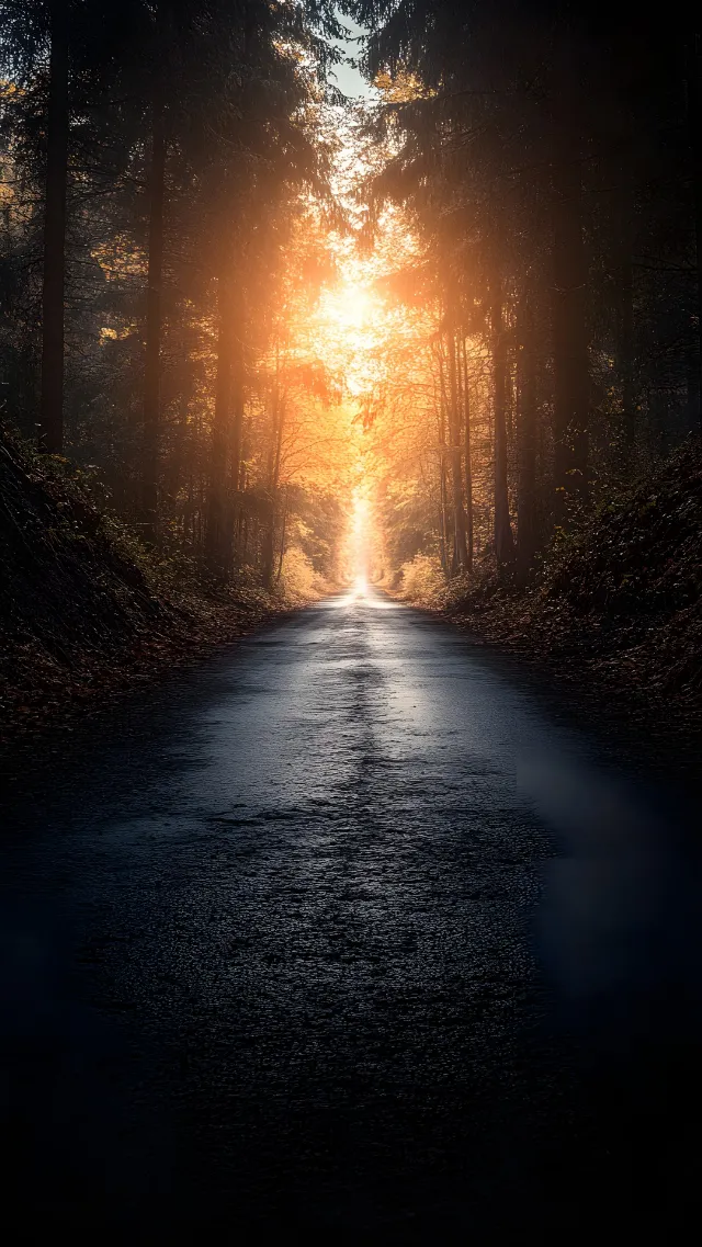 Nature, atmospheric phenomenon, Sun, Natural landscape, Road, Sunrise, Forest, Orange, Sunlight, Astronomical object, Heat, Trail, Evening, Morning, Sunset, Darkness, Lens flare, Woodland, Backlighting, Dusk