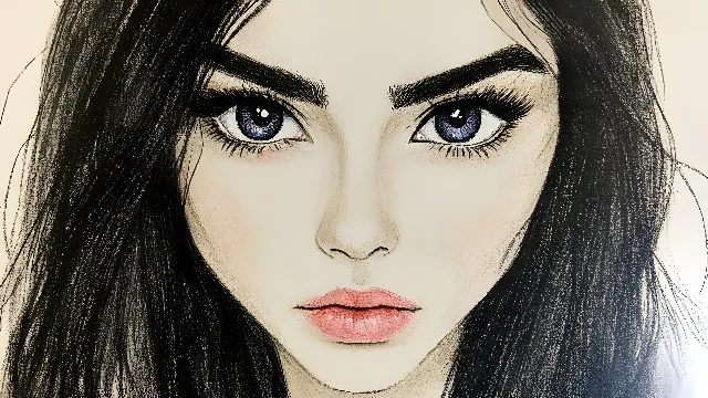 Eyebrow, Lips, Eyelash, Hairstyle, Black hair, Facial expression, Iris, Drawing, Portrait, Illustration, Long hair, Eye liner, Lipstick, No expression, Eye shadow, Paint, Eyelash extensions, Sketch, Design, Cosmetics